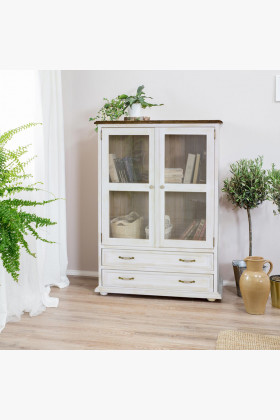 kleine Vitrine aus Kiefernholz mit Glas und Schubladen weiß